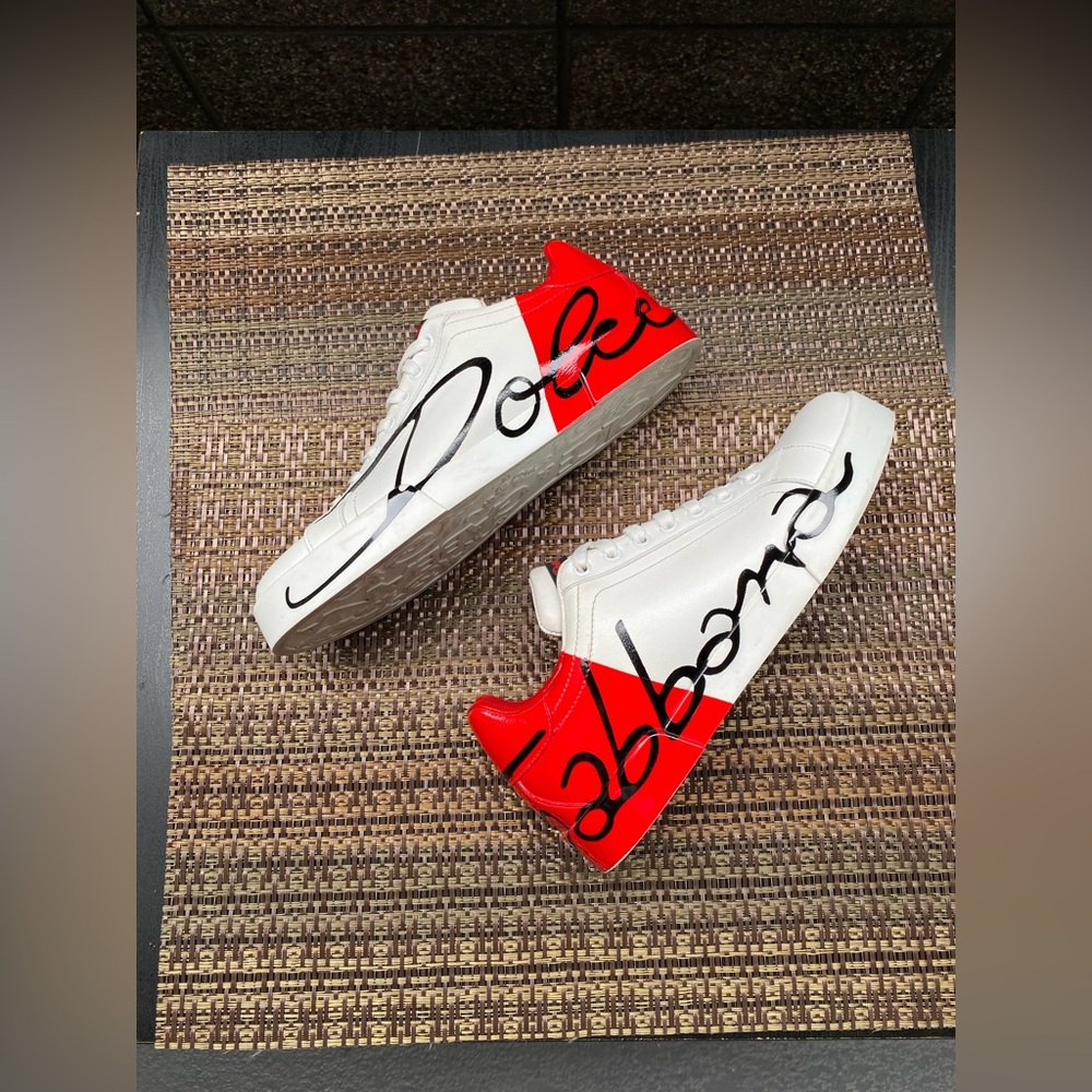 Dolce & Gabbana White & Red Leather Low-Top Sneakers